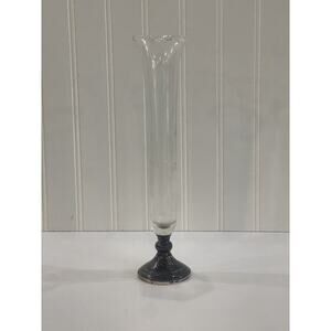 Vintage Web Pewter & Etched‎ Crystal Bud Vase Scalloped Edge Wheat Design 11"